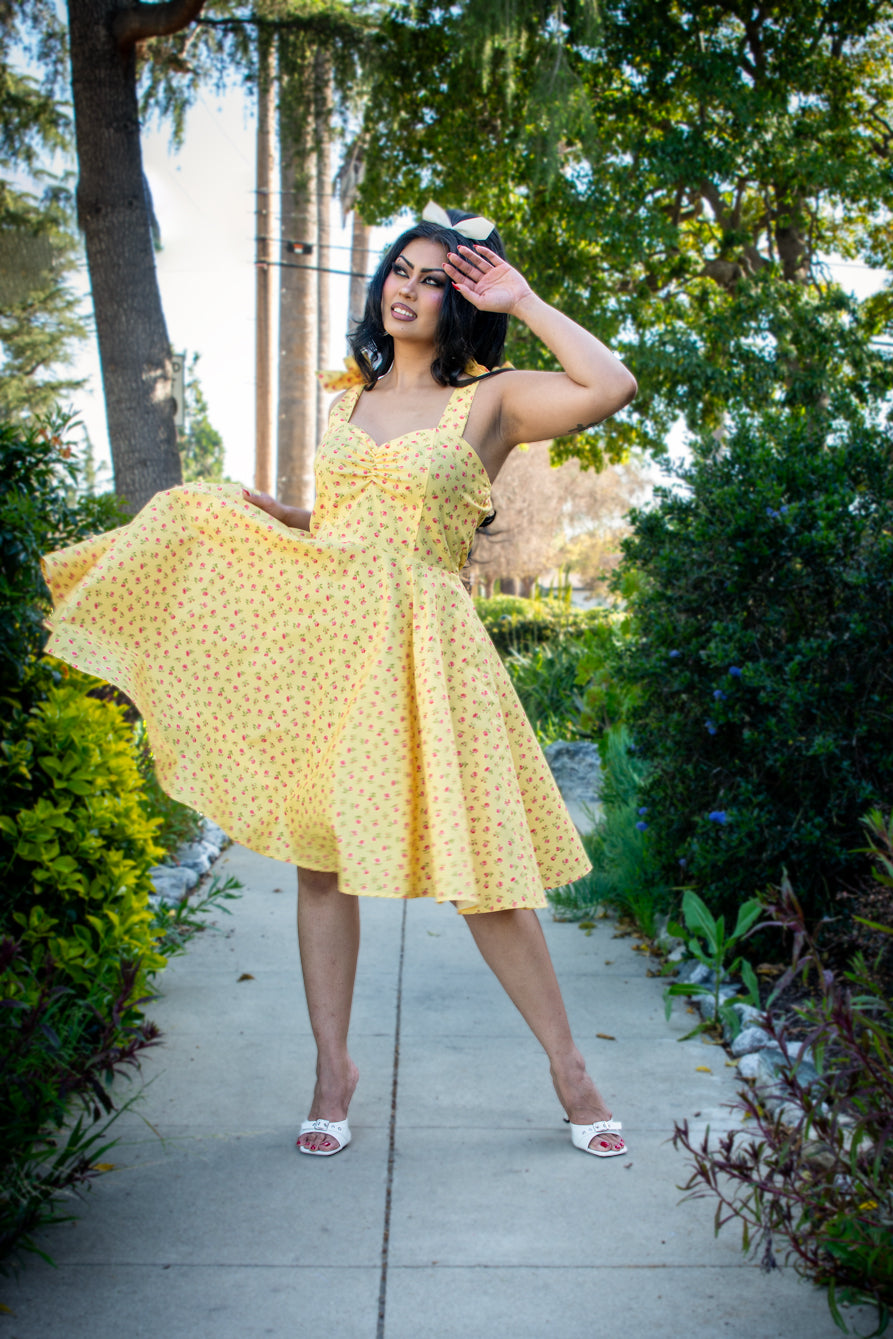 Sarah Swing Dress - Little Roses, Canary *sale