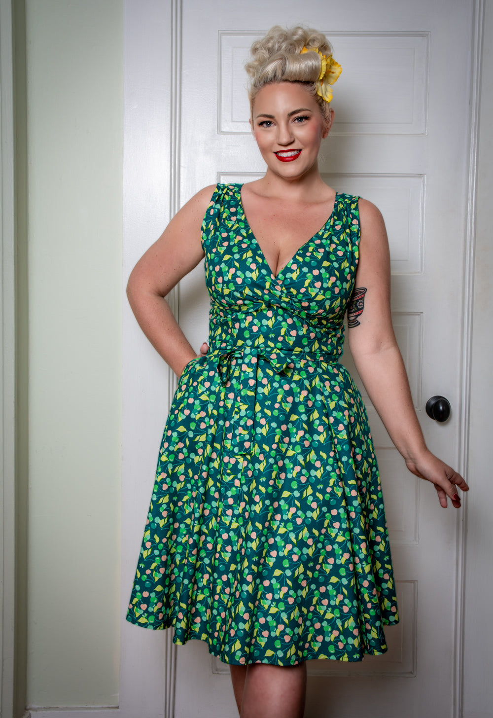 Marie Dress - Green Cherries