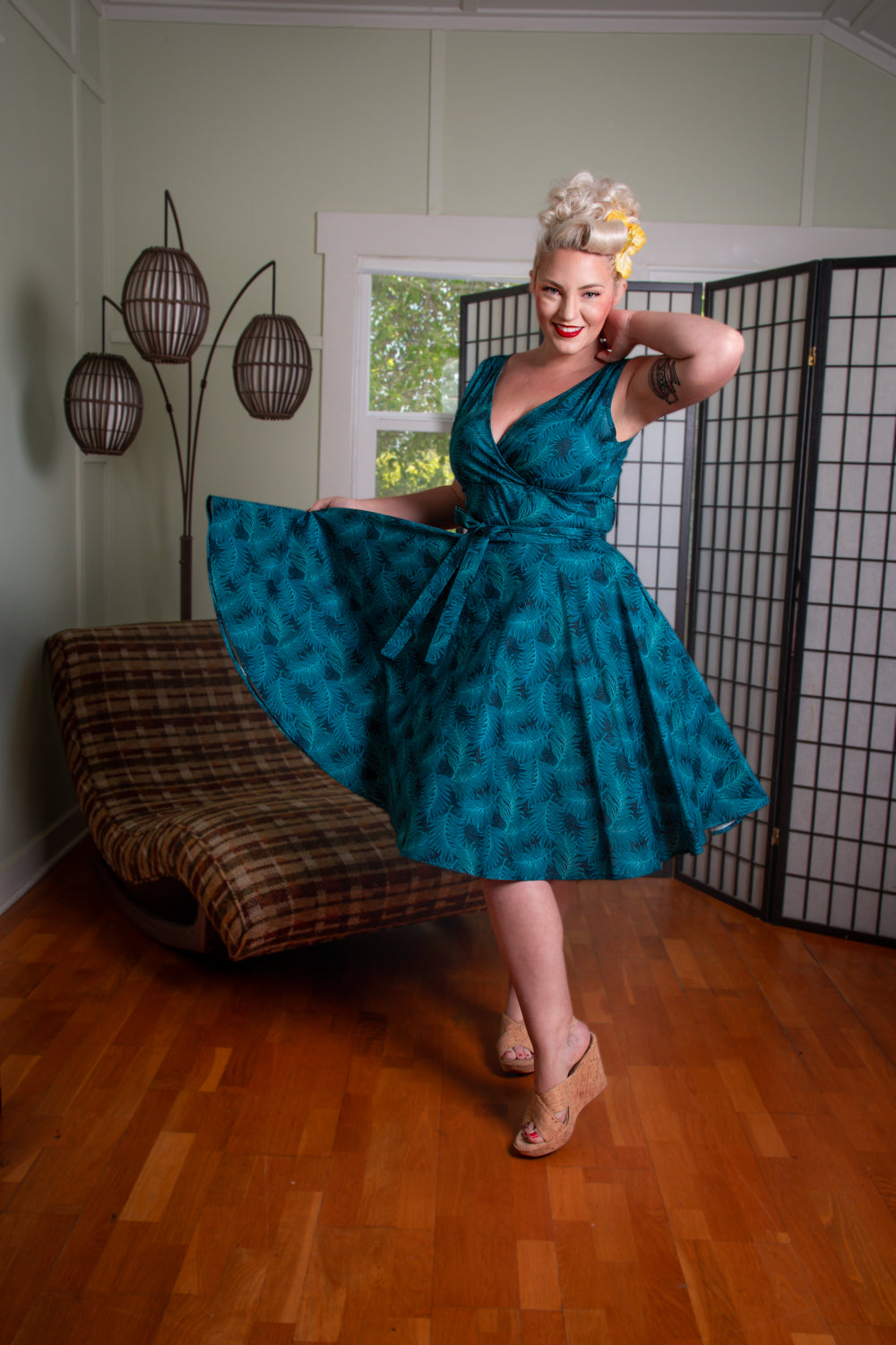 Serena Swing Dress- Teal Ferns