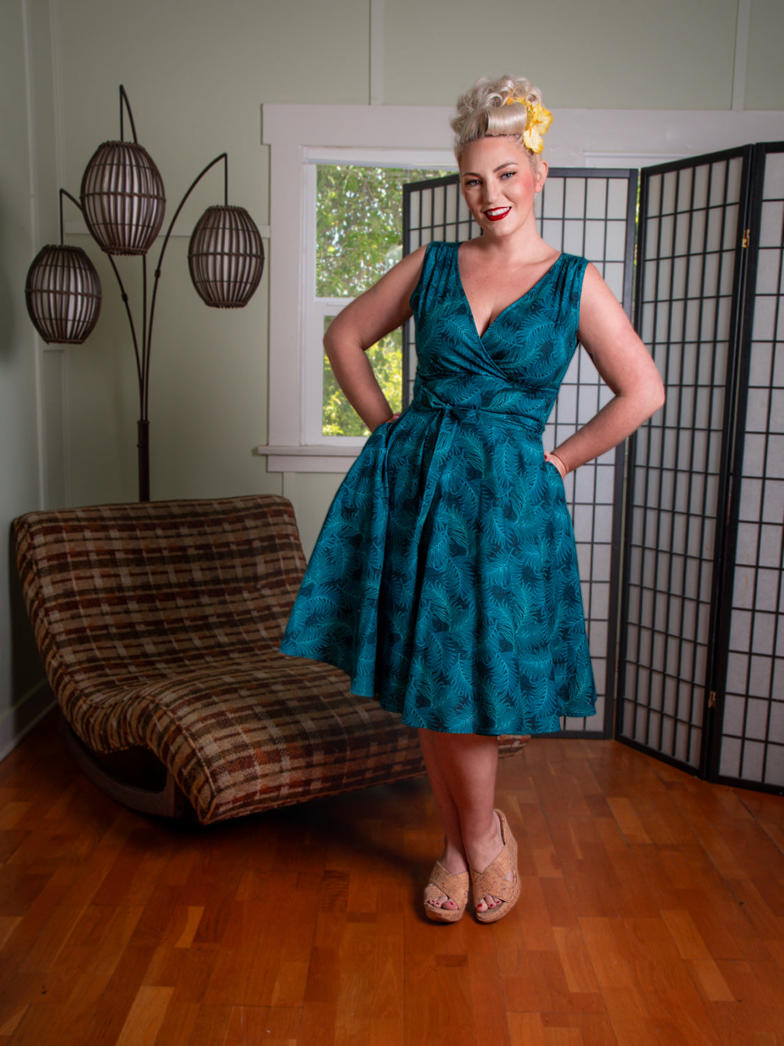 Serena Swing Dress- Teal Ferns