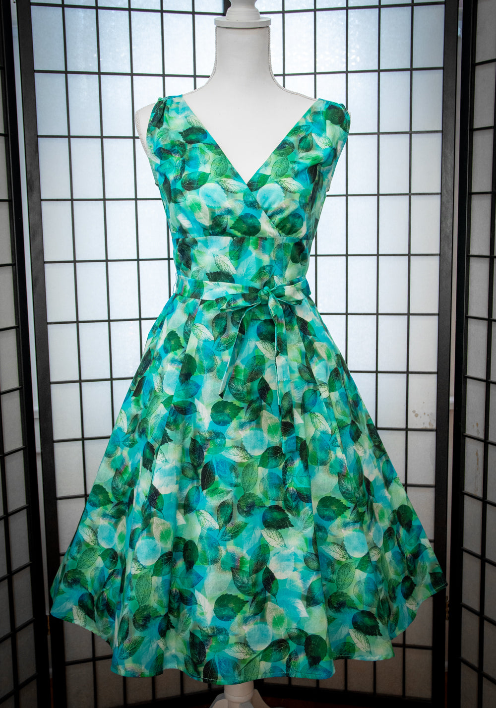 Marie Dress - Blue-Green Leaves