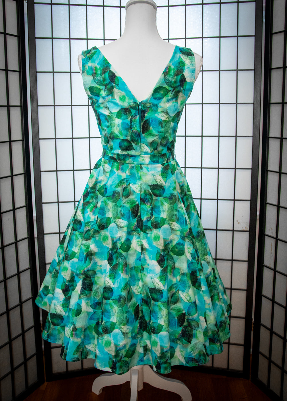 Marie Dress - Blue-Green Leaves